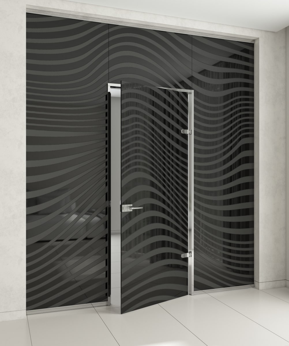Стеклянная перегородка с распашной дверью с алюминиевой коробкой, с матовым художественным декорированием, с черным стеклом 10 мм