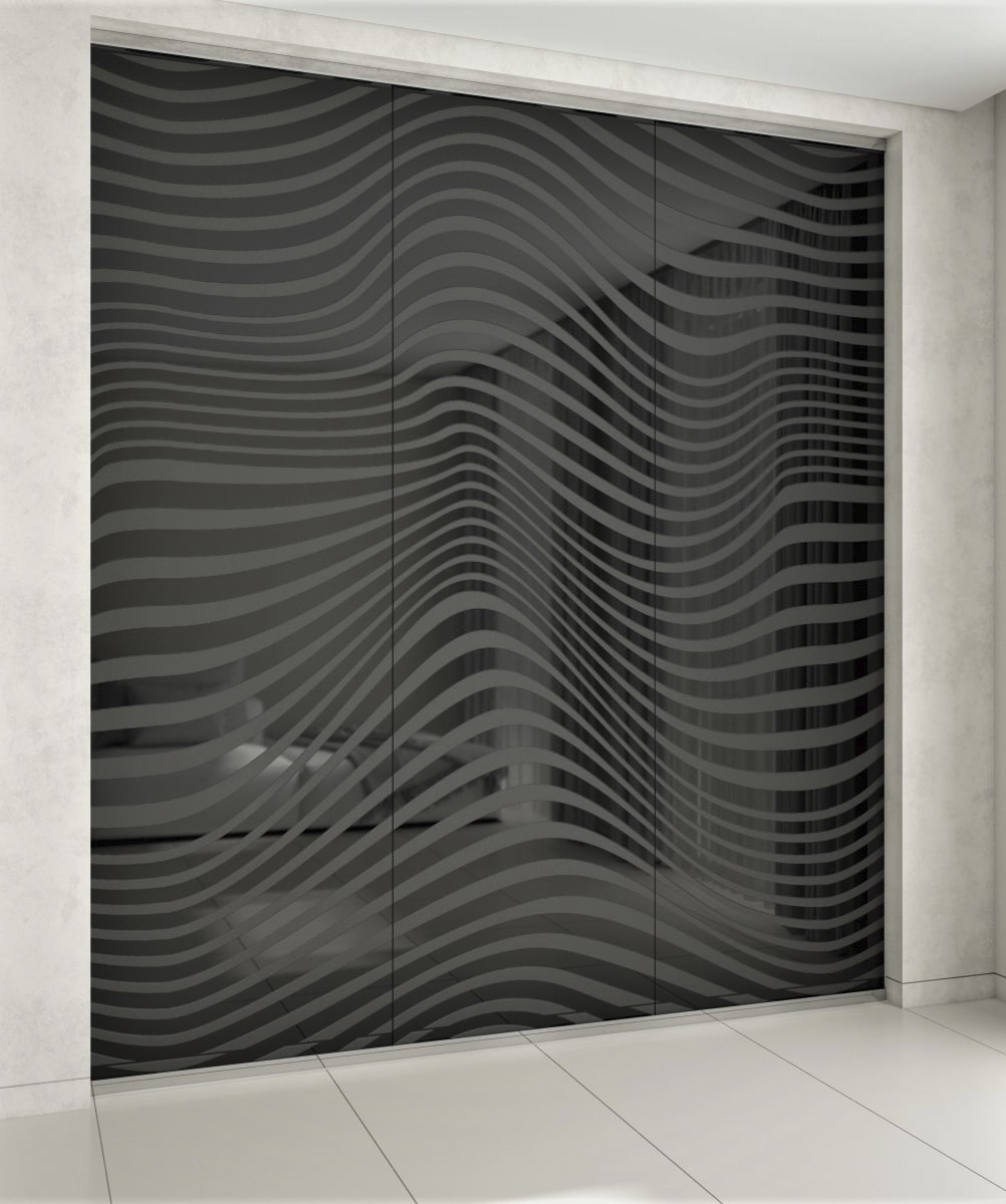 Стеклянная перегородка без дверей, с матовым художественным декорированием, с черным стеклом 10 мм
